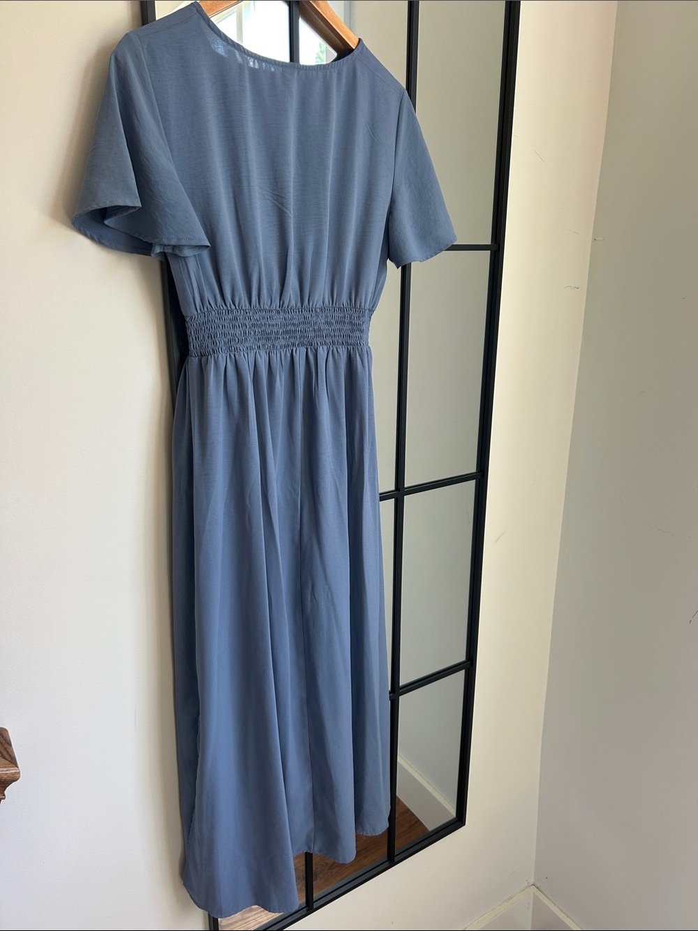 Baby Blue Smocked Waist V-Neck Midi Dress - Picture 6 of 11